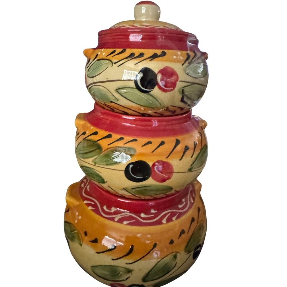 Pier 1 Imports Olive Stacked Canisters Set Of 3 Hand Painted Ceramic